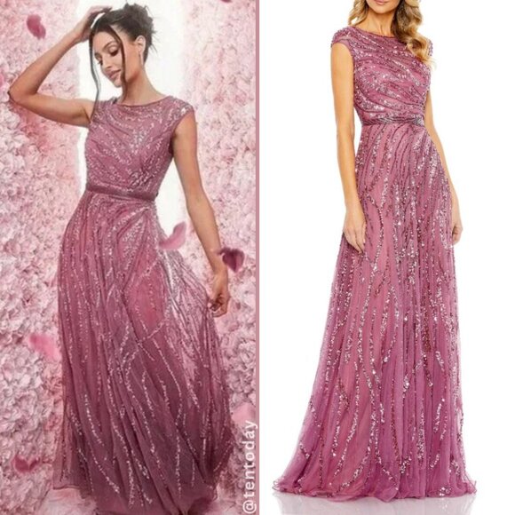 Mac Duggal 5445 Size 16 Pink Beaded Sequined Embellished Long Maxi Gown Dress - Picture 1 of 4